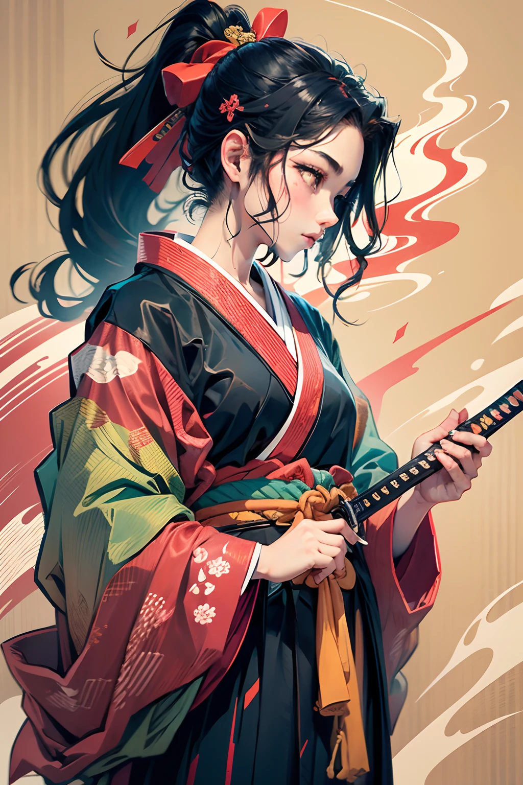 It is a full-body painting with natural colors with Katsushika Hokusai-style line drawings、Kengo、1 bear squire。Rin々With a look of determination,、Long black hair and ponytail、The upper body is covered in a red kimono.、Hakama wa Hakama Castle。He holds a sword in both hands Japan。Arms raised above your head、Trying to cut off the top of the head。With the highest quality、In the swirling flames of masterpiece high-resolution ukiyo-e style。beautiful countenance、beautidful eyes、detail portrayal、
