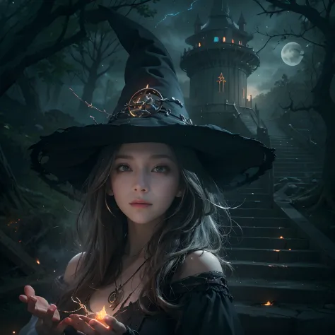 Beautiful modern witch (Witch Hat), Beautiful face and devil's eyes, Face the camera gracefully, Practice her spells、Perform a r...
