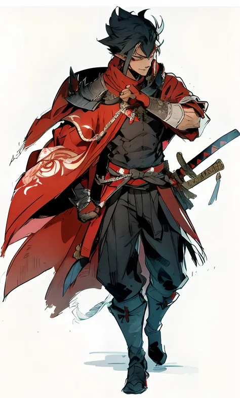 character with a red cape and sword in his hand, dark elf, samurai ...