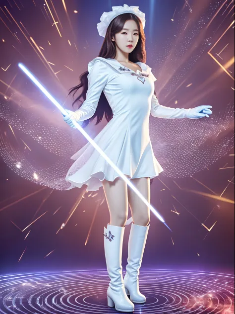 high-end cg korean girl irene sparkle special effects transformed into a uniform，dressed in delicate musical symbols，white cape ...