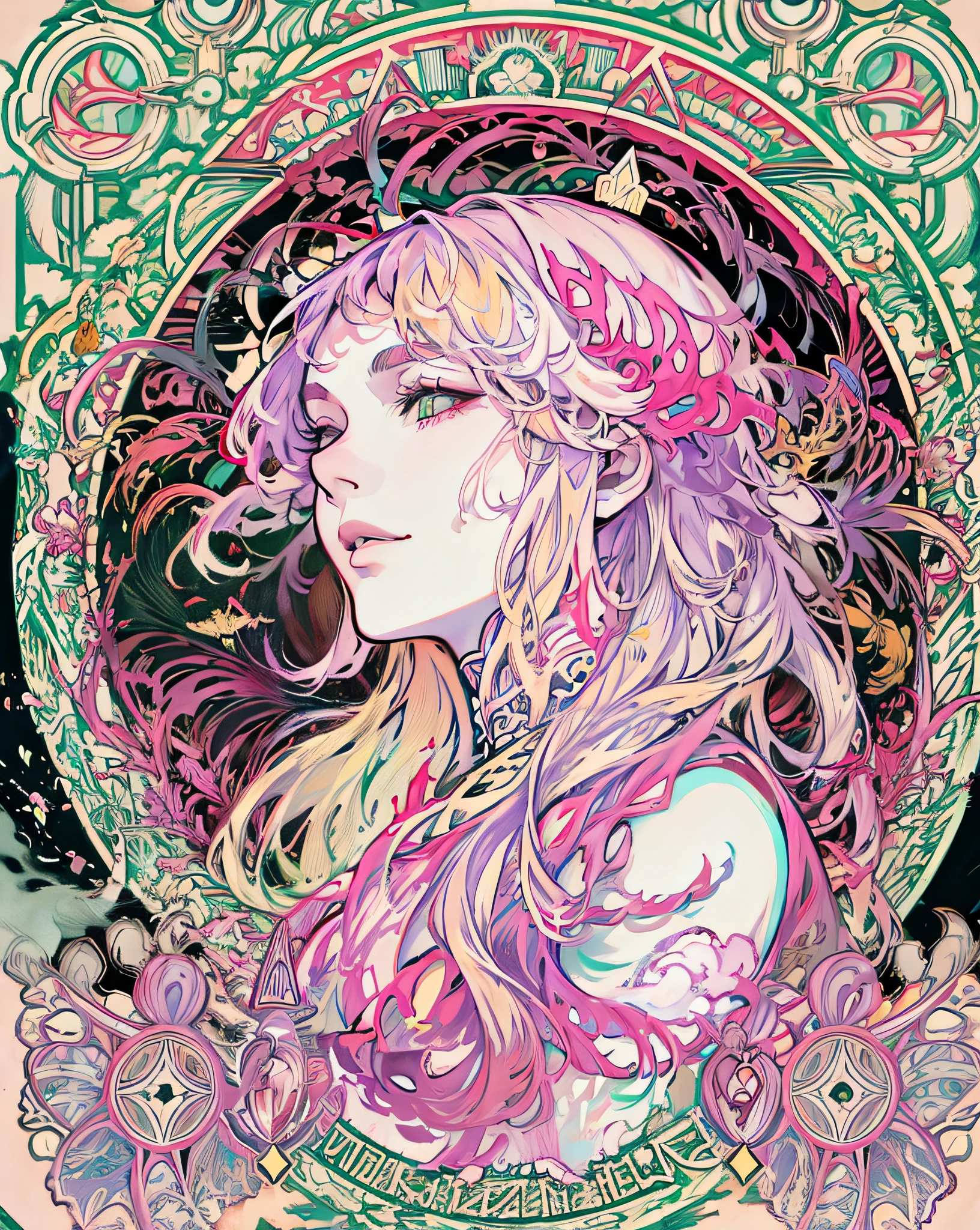 Genshin, light hair, tarot card art, black background, smoke background, line art, clean line art, Nature-themed coloring mandala, simple and clean line art, coloring book page, adorned in Art Nouveau style, Alfons Mucha, perfect intricate details, realistic.