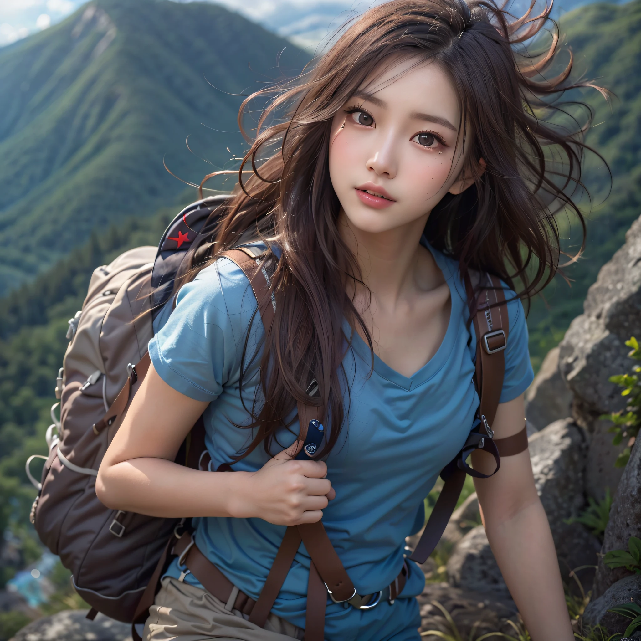 (Naturescape photography), (best quality), masterpiece:1.2, ultra high res, photorealistic:1.4, RAW photo, (Magnificent mountain, sea of clouds), (On a very high mountain peak), (sunset), (wideangle shot),  (Show cleavage:0.8),
(1girl), (Photo from the knee up:1.3), (18 years old), (happy:1.2), (shiny skin), (real skin), (semi-long hair, dark brown hair)
(loose white V-neck T-shirt, blue Trekking shorts), (Carrying a large backpack), 
(ultra detailed face), (ultra Beautiful fece), (ultra detailed eyes), (ultra detailed nose), (ultra detailed mouth), (ultra detailed arms), (ultra detailed body), pan focus, looking at the audience