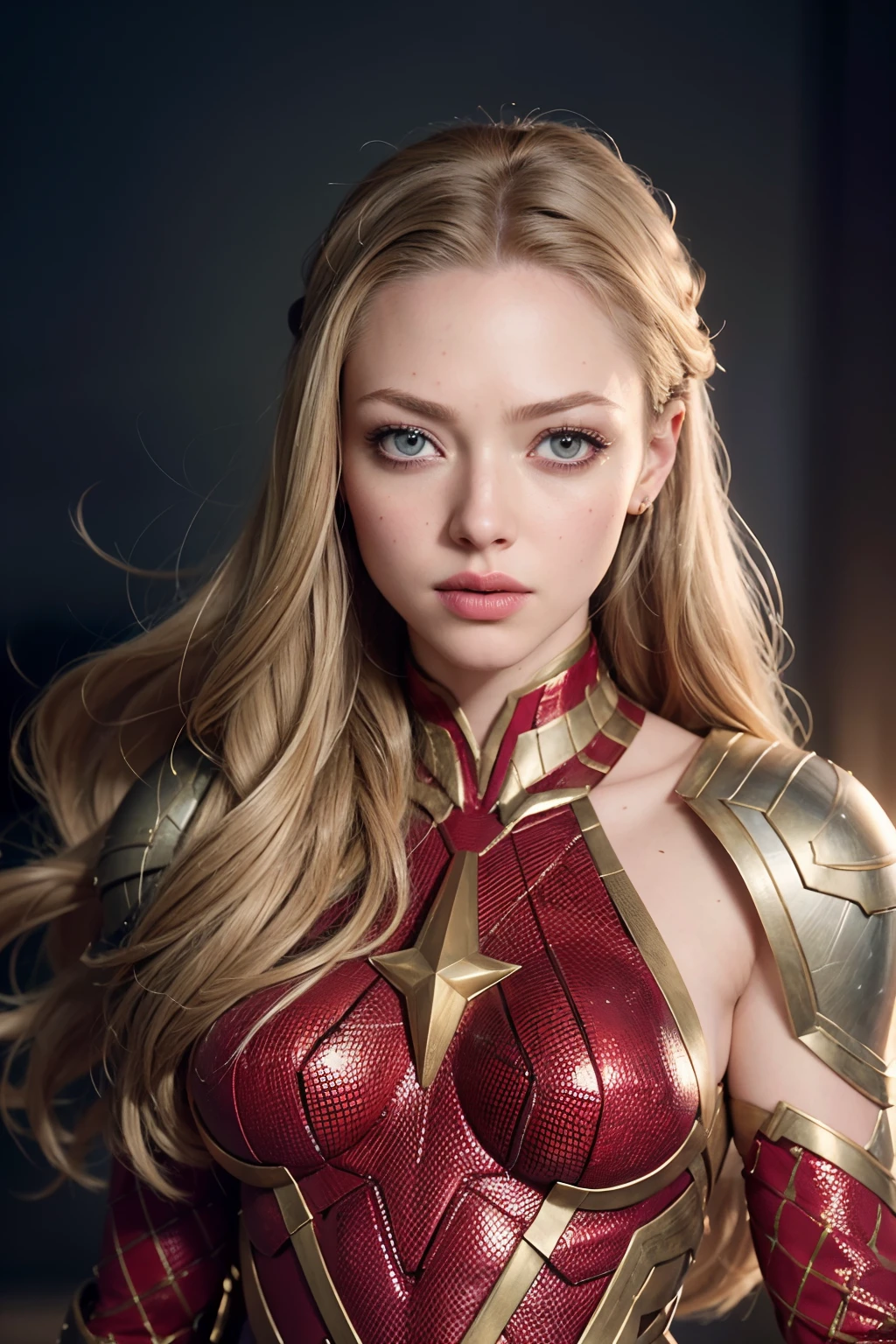 Amanda Seyfried as a superhero, wearing gold and red superhero armor,  glowing lights, (dynamic pose), (hyper realistic:1.4), (realistic:1.3), (best quality real texture skin), full body, (Cinematic Light), highly detailed skin, skin pores, (highly detailed face:1.1), (highly detailed eyes:1.1), realistic pupils, (perfect anatomy:1.1), (perfect proportions:1.1), (photography:1.1), (photorealistic:1.1), volumetric lighting, dynamic lighting, real shadows, (highres:1.1), sharp focus, daylight, (realistic, hyperrealistic:1.4), intricate, high detail, dramatic, subsurface scattering, big depth of field, vivid, polished, sharpened, ((full Sharp)), (extremely absurdres),8k hdr