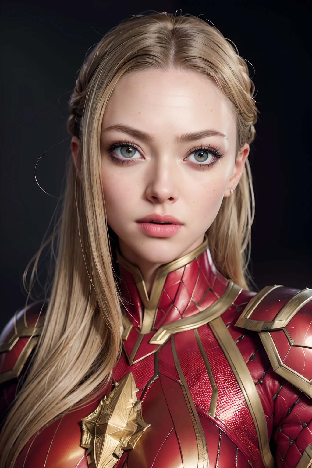 Amanda Seyfried as a superhero, wearing gold and red superhero armor,  glowing lights, (dynamic pose), (hyper realistic:1.4), (realistic:1.3), (best quality real texture skin), full body, (Cinematic Light), highly detailed skin, skin pores, (highly detailed face:1.1), (highly detailed eyes:1.1), realistic pupils, (perfect anatomy:1.1), (perfect proportions:1.1), (photography:1.1), (photorealistic:1.1), volumetric lighting, dynamic lighting, real shadows, (highres:1.1), sharp focus, daylight, (realistic, hyperrealistic:1.4), intricate, high detail, dramatic, subsurface scattering, big depth of field, vivid, polished, sharpened, ((full Sharp)), (extremely absurdres),8k hdr