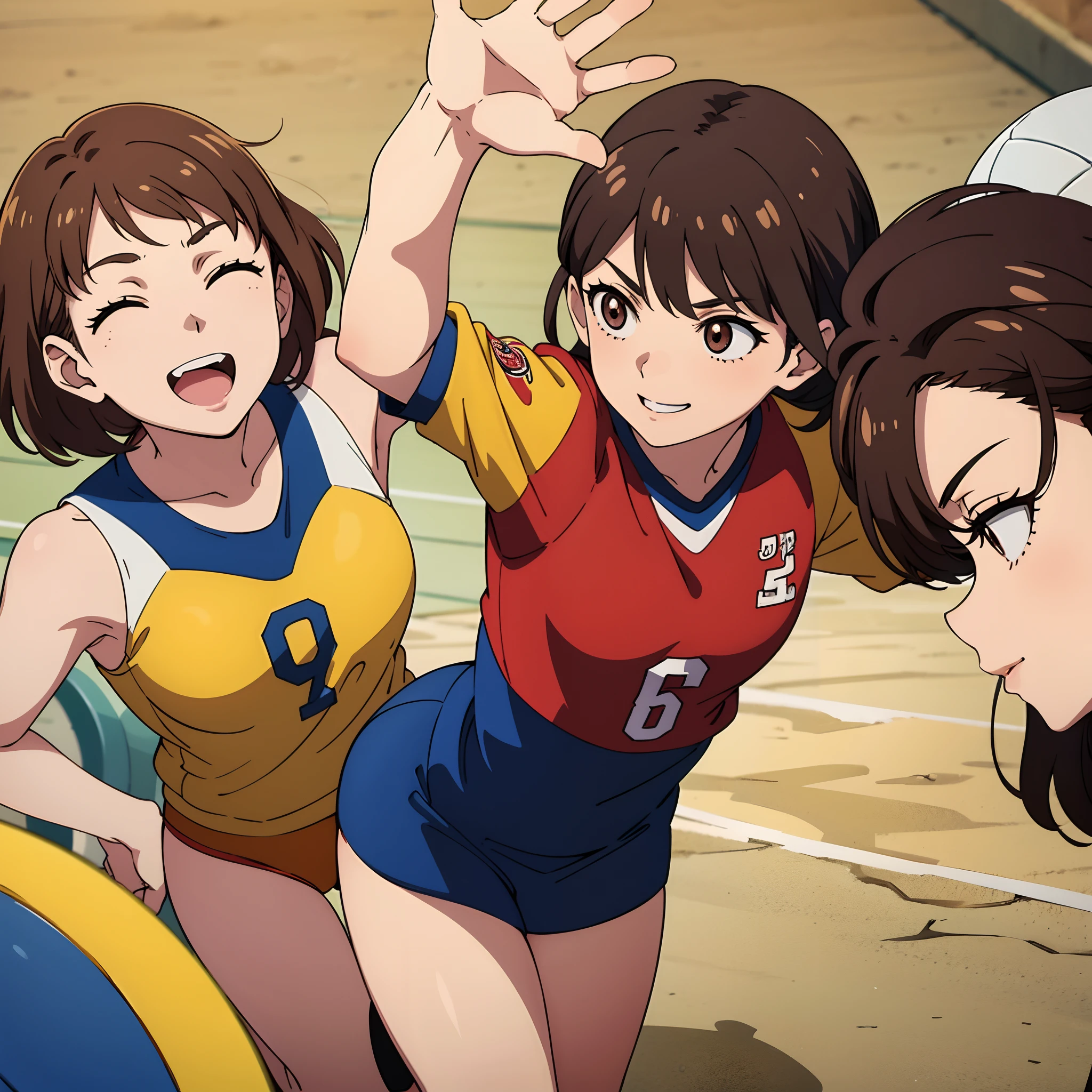 Volleyball Frauen　Ministeriumsarbeit　Schwitzen　ein Lächeln　Springen　Top Qualität　braune Haare　Anime-Stil