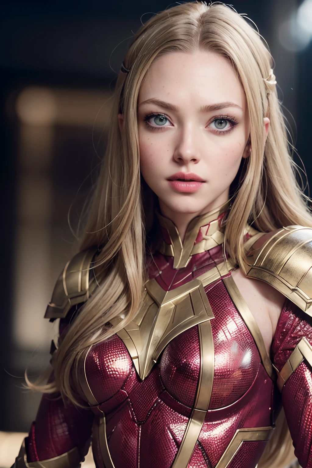 Amanda Seyfried as a superhero, wearing gold and red superhero armor,  glowing lights, (superhero pose), (hyper realistic:1.4), (realistic:1.3), (best quality real texture skin), full body, (Cinematic Light), highly detailed skin, skin pores, (highly detailed face:1.1), (highly detailed eyes:1.1), realistic pupils, (perfect anatomy:1.1), (perfect proportions:1.1), (photography:1.1), (photorealistic:1.1), volumetric lighting, dynamic lighting, real shadows, (highres:1.1), sharp focus, daylight, (realistic, hyperrealistic:1.4), intricate, high detail, dramatic, subsurface scattering, big depth of field, vivid, polished, sharpened, ((full Sharp)), (extremely absurdres),8k hdr