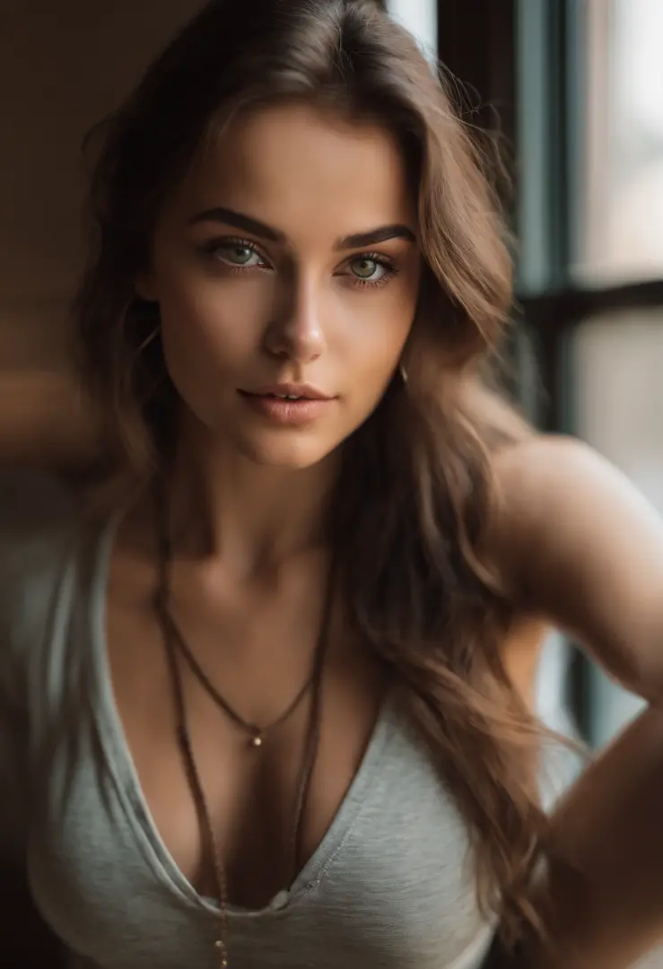 arafed woman with a white tank top and a necklace, sexy girl with green eyes, portrait sophie mudd, brown hair and large eyes, selfie of a young woman, bedroom eyes, violet myers, without makeup, natural makeup, looking directly at the camera, face with ar...