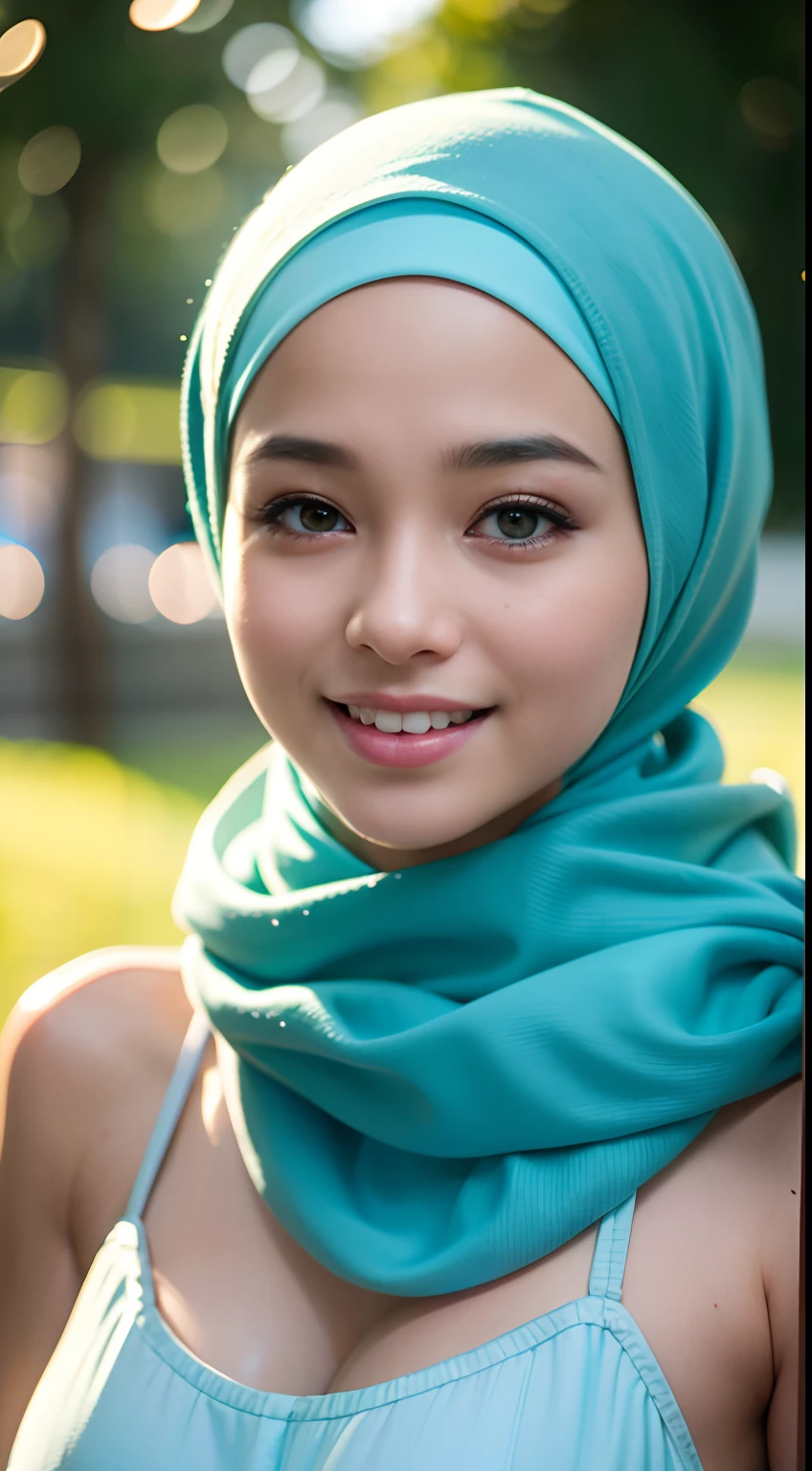 night scene, close up photo of a sexy naked malay girl with hijab, posing, look at a camera and smile, blue pastel hijab, (green eyes:0.8), cute young face, 18 yo, soft volumetric lights, (backlit:1.3), (cinematic:1.3), intricate details, (ArtStation:1.2)