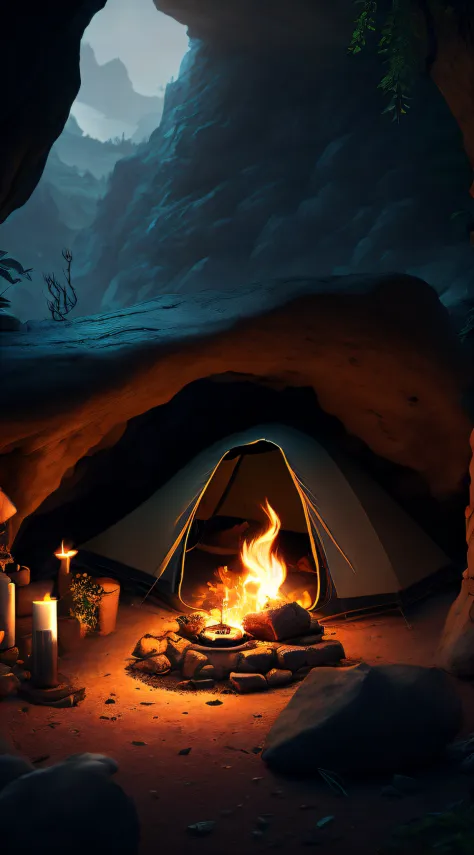A campsite within a hidden cave, complete with torches and supplies
