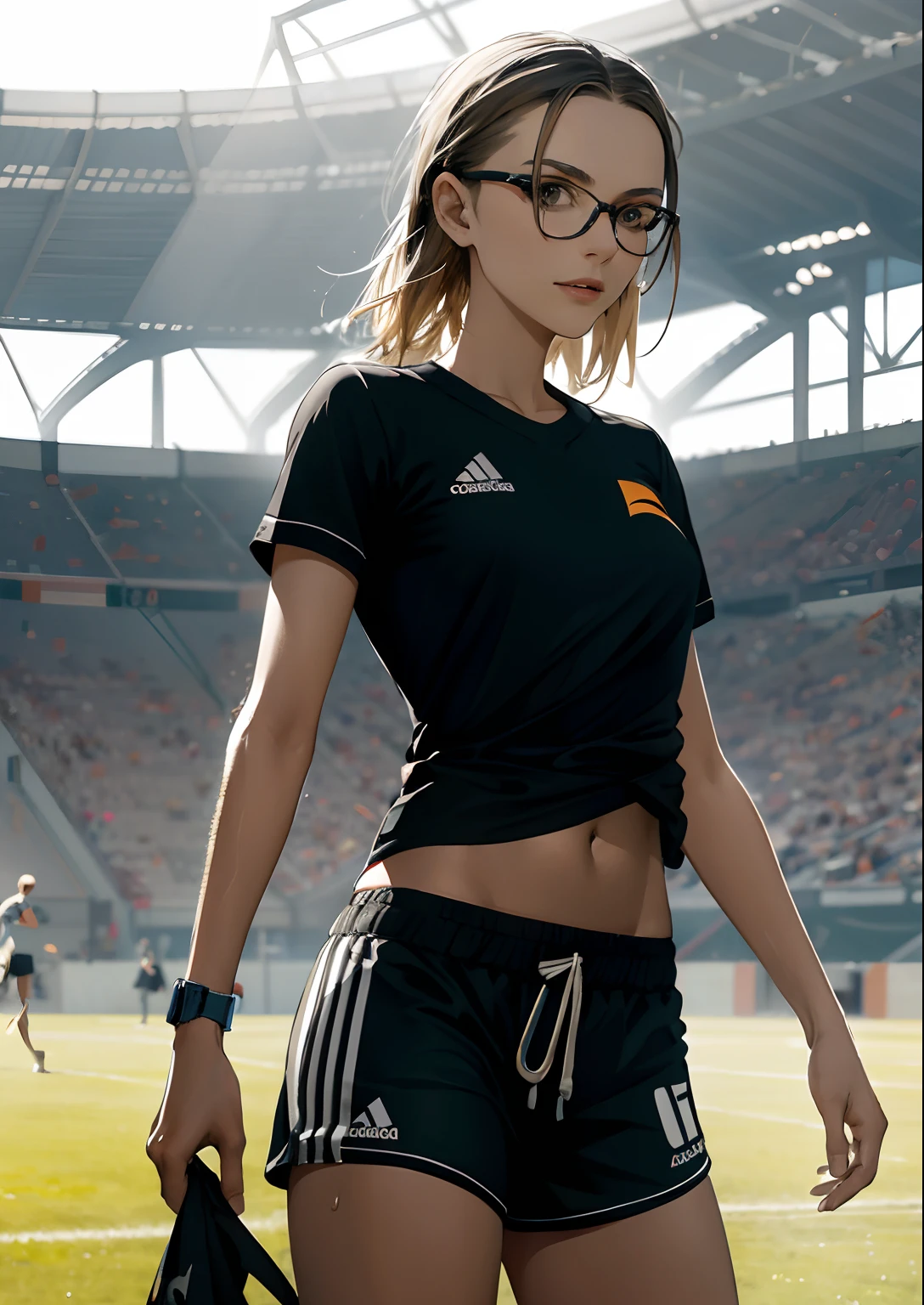 arafed woman in glasses and a black shirt standing on a field, on the field, on a soccer field, mia kischner, full body, close up, textured, wearing shorts and t shirt, marta syrko, sporty, on a football field, dressed in a top and shorts, dasha taran, 🚿🗝📝, aleksandra waliszewska