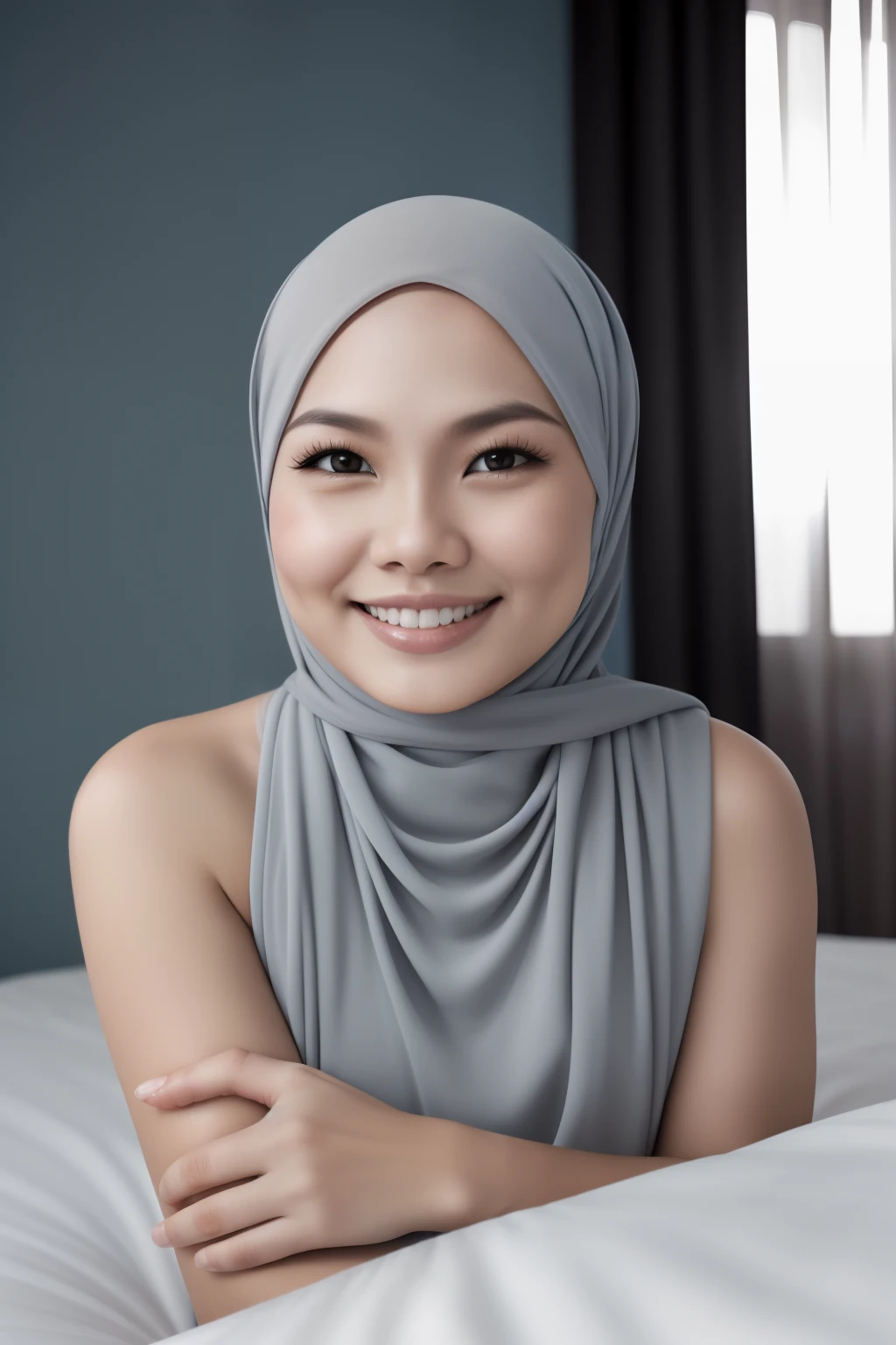 matured malay woman in hijab naked sleeping in bed portrait photography, lying in bed naked, mid shot photo, ultra detail, professional photograph with professional lighting, smile, light blue bed, bedroom, sexy seducing sleep pose, curvy