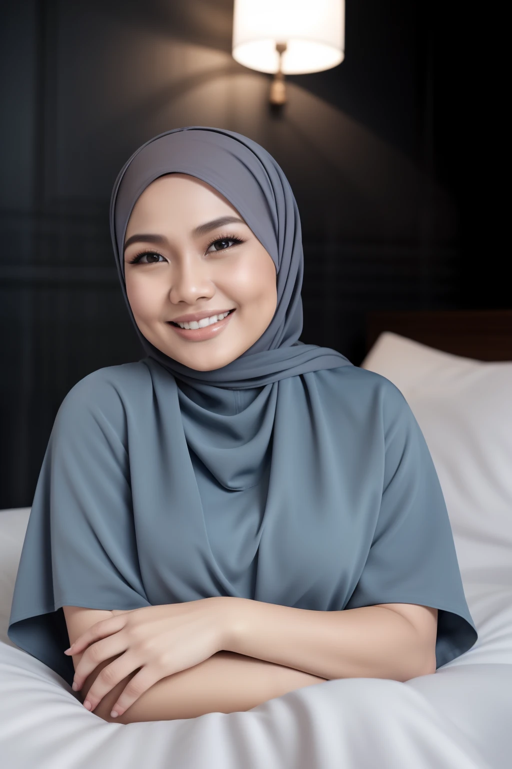 1 matured malay woman in hijab naked  with 1 malay man sleeping in bed portrait photography, lying in bed naked, mid shot photo, ultra detail, professional photograph with professional lighting, smile, light blue bed, bedroom, sexy seducing sleep pose, curvy