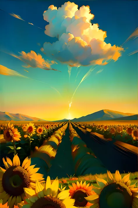 A painting of a summertime landscape, with a field of sunflowers, daytime light.