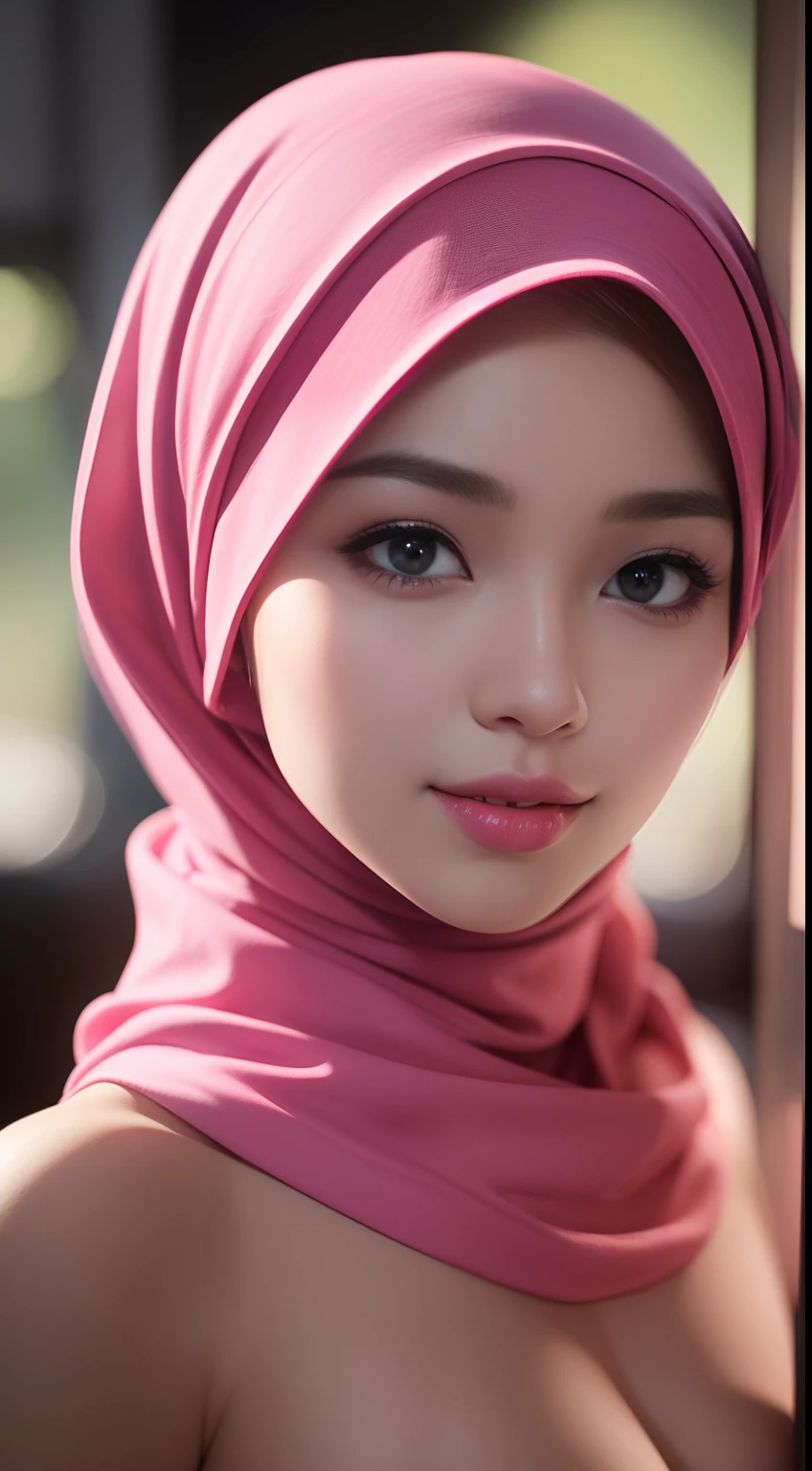 cena noturna, feche a foto de uma garota malaia nua e sexy com hijab, posando, olhe para uma câmera e sorria, hijab rosa pastel, (olhos verdes:0.8), lindo rosto jovem, o 18, luzes volumétricas suaves, (retroiluminado:1.3), (cinematic:1.3), detalhes intrincados, (estação de arte:1.2)