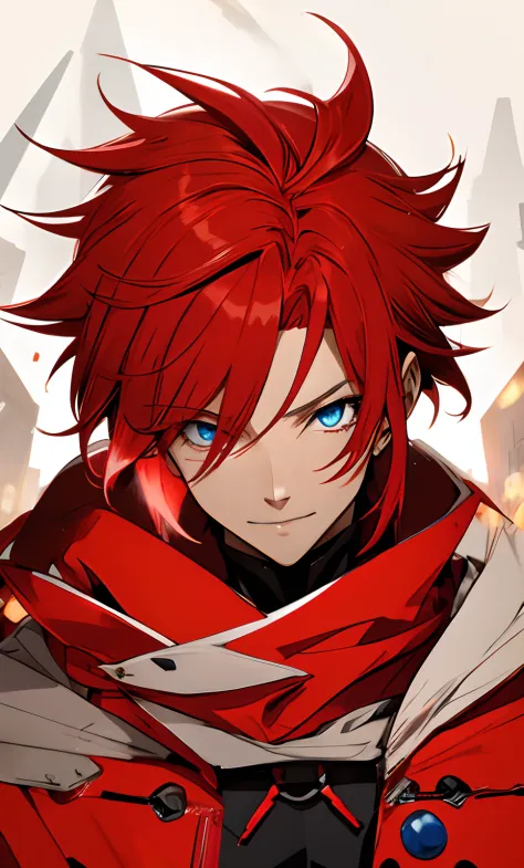 anime character with red hair and red cape, red hair, blue eye,