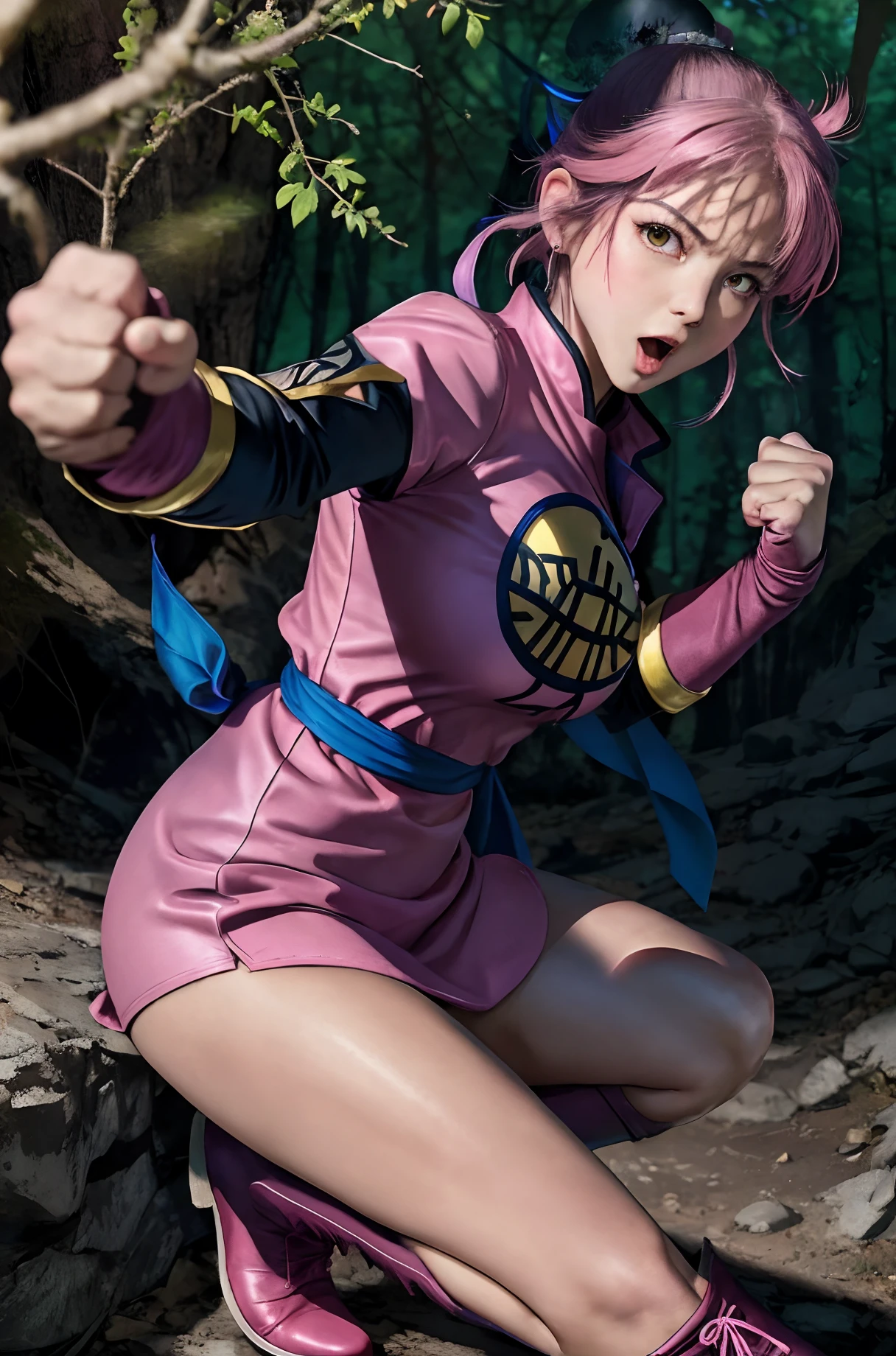 (masterpiece, best quality:1.1), (open mouth, clenched fist, action pose,:1.1), maam, dragon quest, 1girl, solo, large breasts, looking at viewer, short hair, pink hair, parted bang, (bun cover,:1.1) yellow eyes, fingerless gloves, pink gloves, Chinese clothes, pink dress, ribbon, boots, in the deep forest,