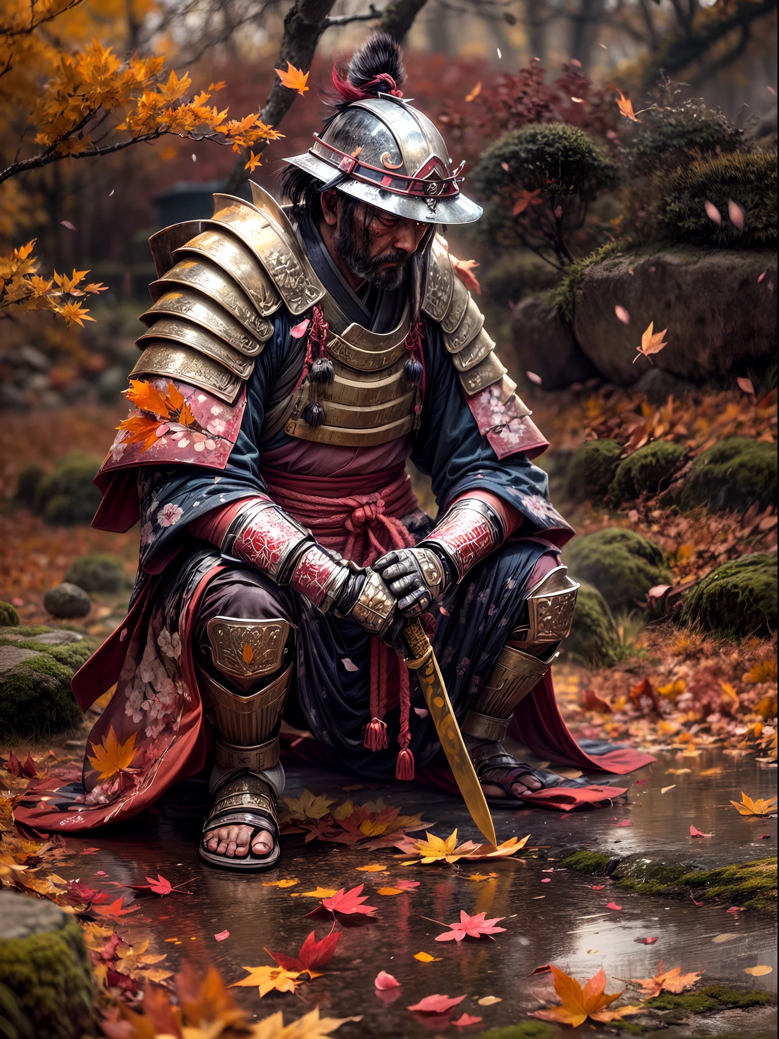 "(melhor qualidade,4K,8K,alta resolução,Obra de arte:1.2),ultra-detalhado,realista, hdr, cena de outono no Japão, folha de outono voadora, (quebrado, danificado, velho) armadura de samurai, (ajoelhado, agachado) samurai, (caindo, espalhado) folhas de outono, (sujo, resistido) Katana, (rachado, danificado) capacete, (vivid, vibrante) cores, (macio, esquentar) Paleta de cores, (natural, esquentar) iluminação, (sereno, pacífico) atmosfera, paisagem japonesa tradicional, (tranquilo, quieto) ambiente, (farfalhar, gentil) brisa, Rosto Oculto, (misterioso, secretive) samurai, (Esquecido, abandonado) Campo de batalha, (tranquilo, calm) energia, (nostálgico, Melancólico) cenário, (cativante, hipnotizante) autumn cores, (calm, sereno) comportamento, (deteriorado, esgotado) arredores, (Perdido, Esquecido) campo de batalha, pétalas de flor de cerejeira caídas, pinceladas delicadas, essência da cultura japonesa"