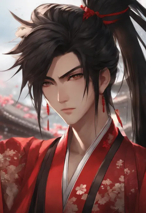 highres, sharp focus, pixiv masterpiece, ((intricate details)), highly detailed, yasuri_shichika, 1boy, male, stripe bead necklace, black hair, (spiked hair:1.1), ponytail, very long hair, red clothes, red open clothes, simple kimono, hakama