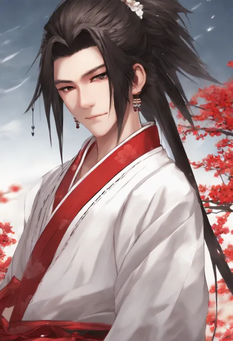 highres, sharp focus, pixiv masterpiece, ((intricate details)), highly detailed, yasuri_shichika, 1boy, male, stripe bead necklace, black hair, (spiked hair:1.1), ponytail, very long hair, red clothes, red open clothes, simple kimono, hakama