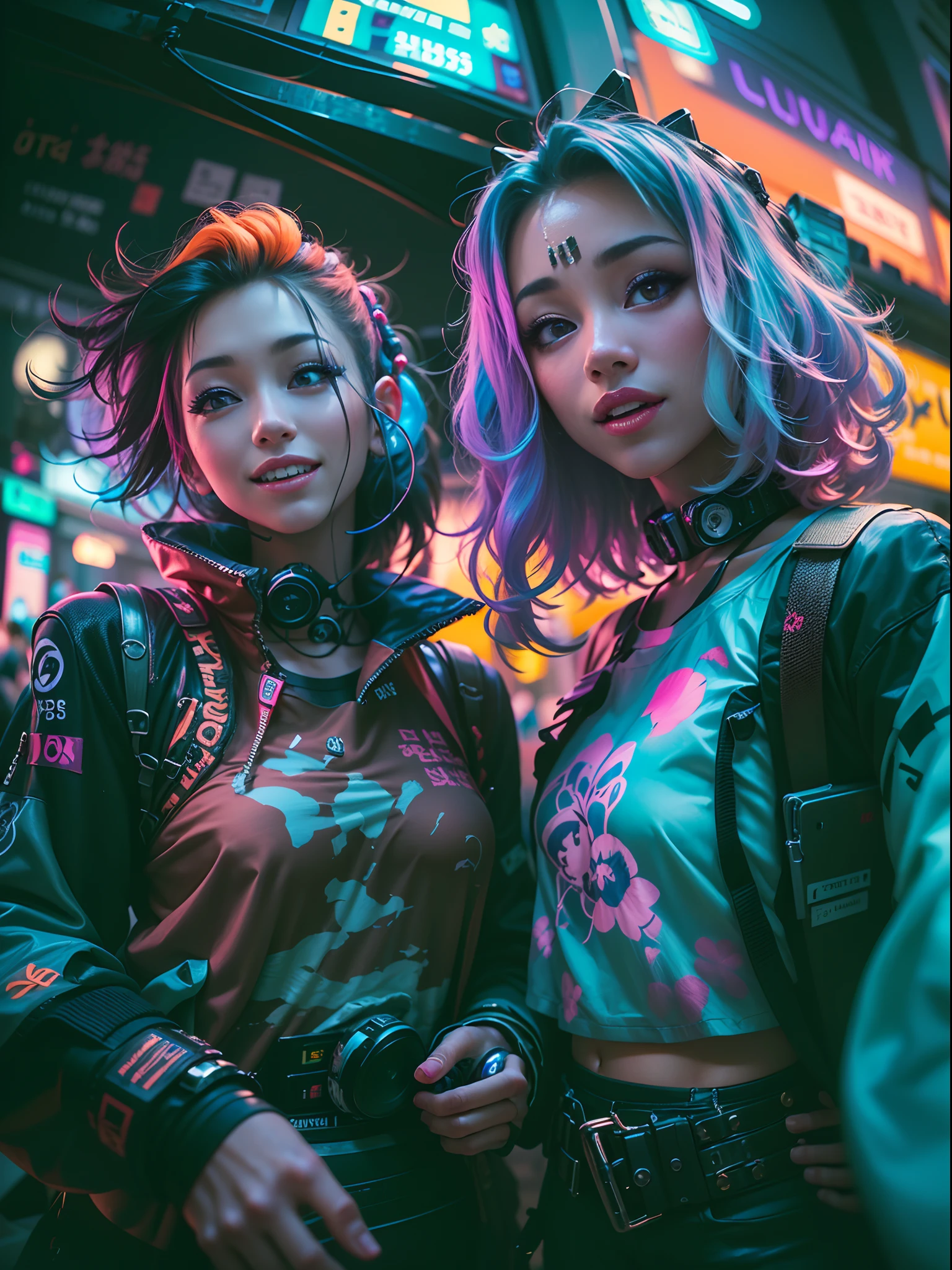 ((2 filles cyberpunk portant une tenue pop colorée de style Harajuku)), ((Lentille de fisheye)), tir de cow-boy, Vent, Les cheveux en désordre, Paysage urbain cyberpunk, (Esthétique et ambiance:1.2), souriant, ((Éclairage cinématographique))