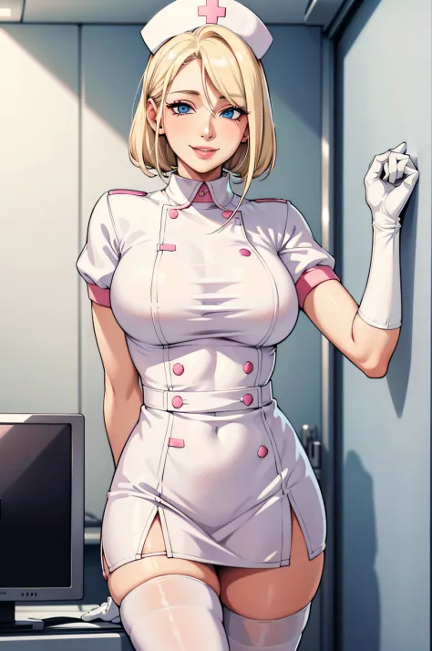 1woman, nurse, nurse cap, white wear, ((white legwear, zettai ryouiki)), white gloves, blonde hair, blue eyes, pink lips, smile,...