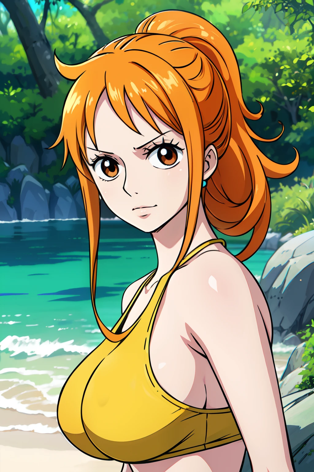 娜 美 从 一 件 作 品, 橙 色 马 尾 长 发, 美 麗 的 棕 色 眼 睛, 脸 颊 泛 红, 穿 着 充 满... 