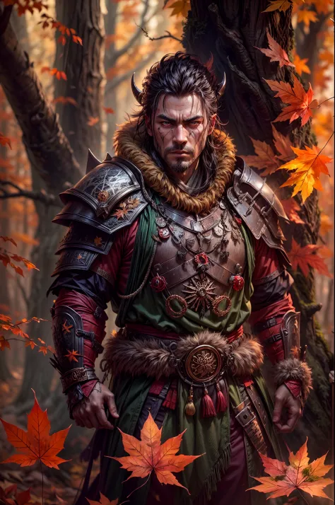 autumn forest scene with a man in samurai armor with fur around the neck and waist, wearing devil helmet, dusty detail ornaments...