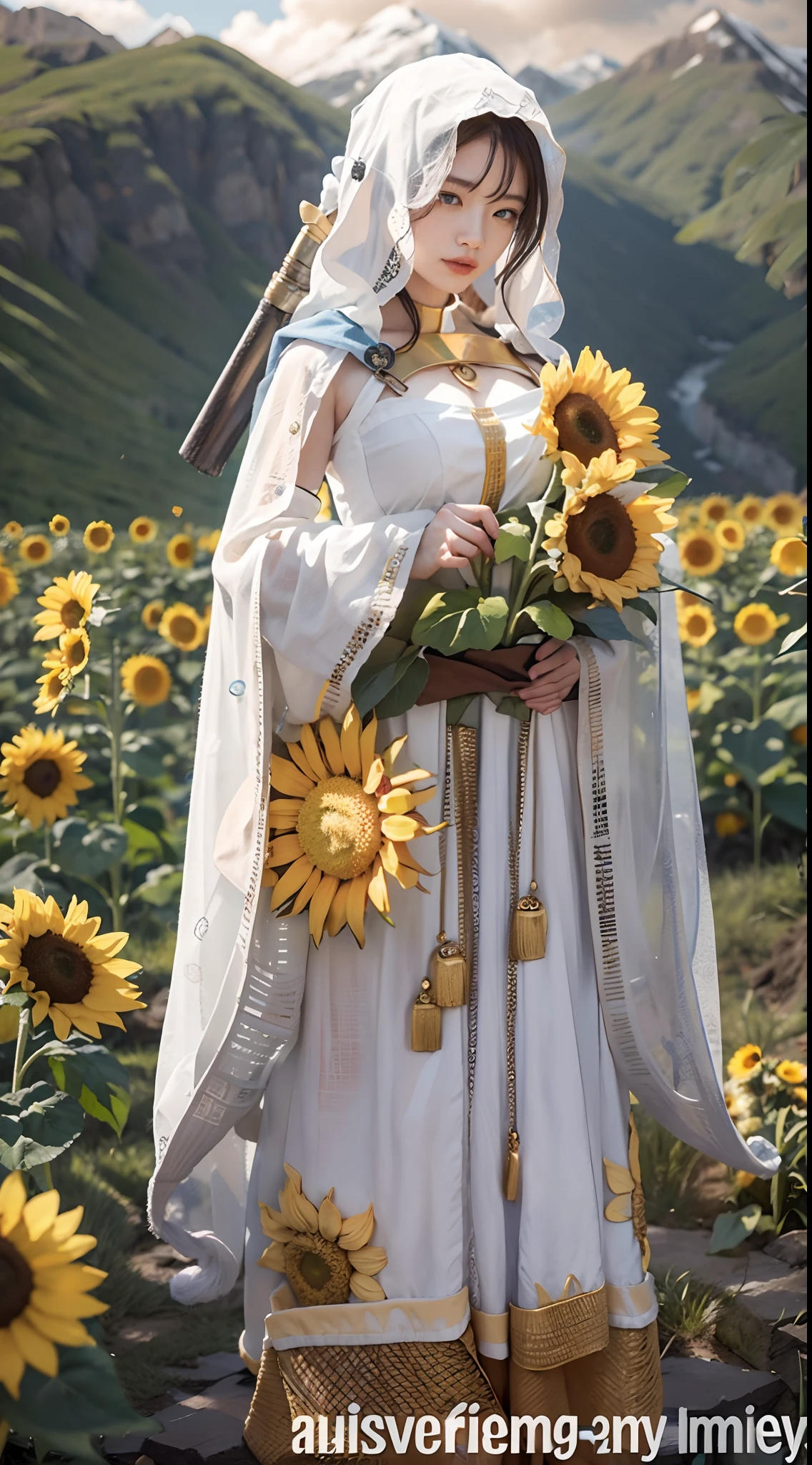 In a very grand scene，The extra-large wide-angle lens captures the appearance of a female centaur。She is a Sunflower Worship nun，Always opposed（Healing emoji smiley face of knitted sunflower puppet😊：99.99）DOA。She is tall，It has the ultimate curvy beauty，The muscles are slender and firm，Beautiful lines。She has（Super huge sky blue eyes：99.99）、always（Wearing sexy glasses：6.66）、（She wears solemn nun attire：9.9）、Stepping on a boot-style skyscraper-heel、A pink cross hangs on his chest。Use Midjourney's advanced tools，Designed for female centaurs（A knitted sunflower puppet and create a super healing cartoon smiley face in the center of the flower tray as a decoration：9.9），and noble and solemn nun costumes，and highlight her unique physiological characteristics and appearance details，Add realism。And in the context of her prayers and listening to confessions，Spectacular views of nature，Such as the sky where storms and sunny days alternate、Brilliant rivers of stars and auroras、The snow-capped summit of Mount Everest、Fireworks in the mountain town, etc。ao mesmo tempo，Away from the hustle and bustle next to the chapel，Create a fantastic scene。Use Midjourney's advanced tools and multiple color palettes、Brush Strokes、Texture tools and model packages，It shows a sense of atmosphere where beauty and charm coexist。The charm of the female centaur is highlighted through color and lines，Enhance realism with detailing，Create a surreal dreamy feeling。Additionally，Use Midjourney's tools to add various exorcism props and books to the female centaur、pergaminhos，Create intricate hairstyles and outfits，Give her a sense of premium。She never flinches，No matter what monster you encounter，can respond quickly，Even the most extreme armies of natural disasters and monsters could not stop her and her front（Sunflower with Tyndall effect that emits sunlight9.99）。Use Midjourney's powerful tools，You can do it with incredible detail and beauty，Bring this ultra-grand and beautiful scene to life。Ultra-grand sc