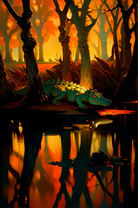 A painting of an alligator in a swamp, autumn, dark afternoon light.