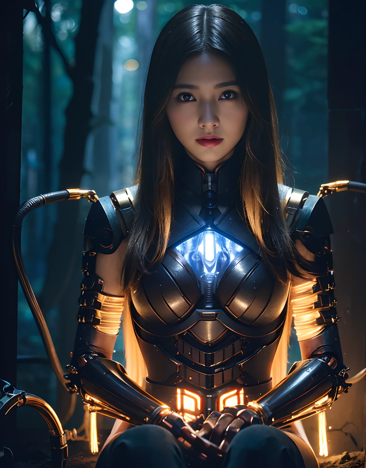 (1 Mechanical Girl)、top-quality、​masterpiece、超A high resolution、(Photorealsitic:1.4)、Raw photo、女の子1人、Golden hair、glowy skin、(((1 Mechanical Girl)))、With a beautiful knife、（Blue Metal Bodysuit）、(beautiful forest background)、(Fighting Demonic Beasts)、(Small LED)、((super realistic details))、portlate、globalillumination、Shadow、octan render、8K、ultrasharp、Colossal 、Raw skin is exposed in cleavage、metals、Details of complex ornaments、Japan details、highly intricate detail、Realistic light、CGSoation Trends、Red Eyes、radiant eyes、Facing the camera、neon details、(Mechanical limbs)、(blood vessels connected to tubes)、Mechanical vertebrae attached to the back、mechanical cervical attaching to neck、(Wires and cables connecting to the head)、Gundam、Small LED、,Mechanical thighs、Toostock、（Hands are also made of machines）、