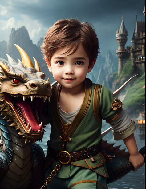 Cute little boy in a fantasy world, close - up photo, lock, dragon