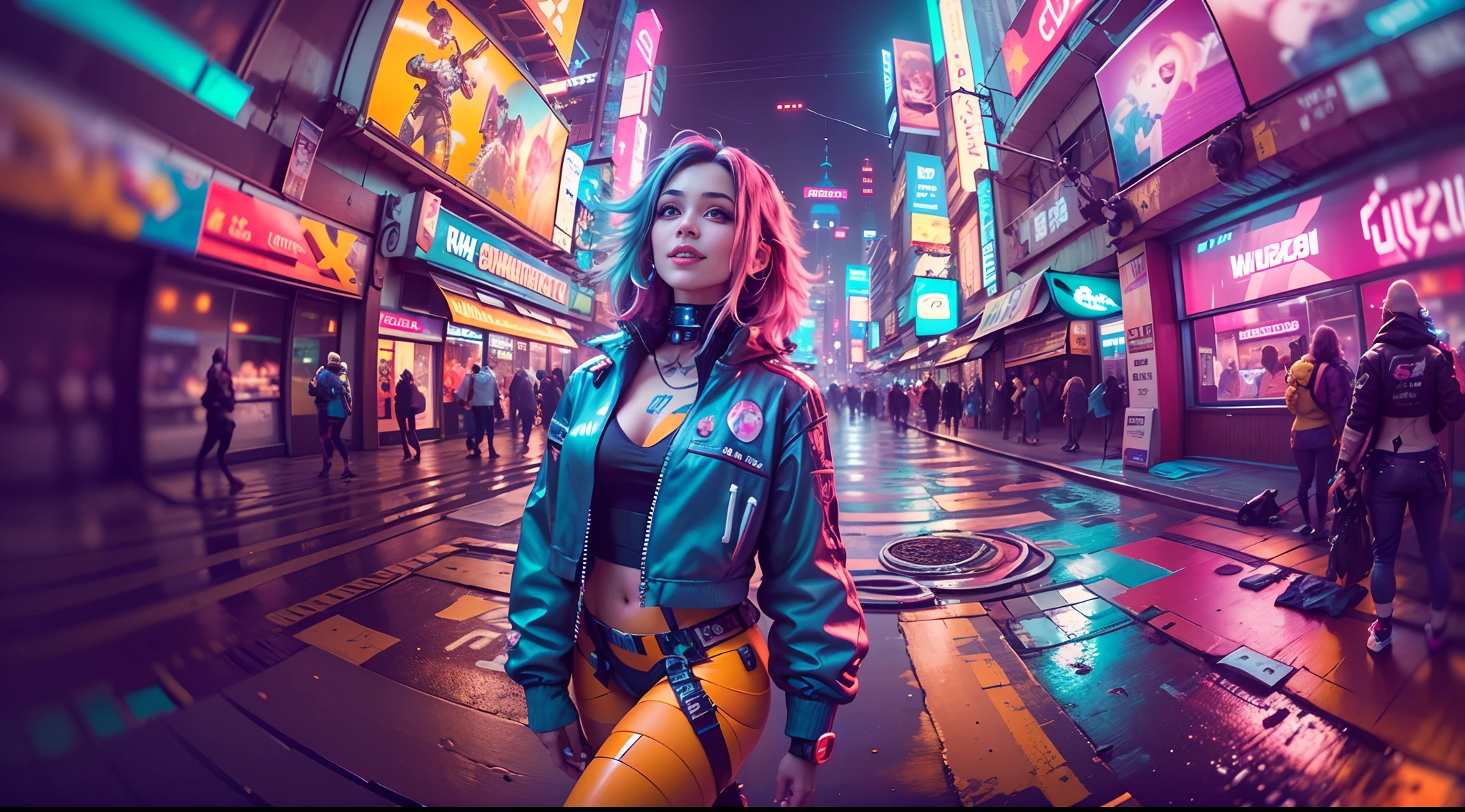 (2 chicas cyberpunk vistiendo un colorido traje pop estilo Harajuku)), ((((lentes de ojo de pez)))), tiro de vaquero, viento, pelo despeinado, ((paisaje urbano ciberpunk 2077)), (Estética y atmósfera cyberpunk:1.3), colores brillantes, sonriente, ((iluminación cinematográfica))