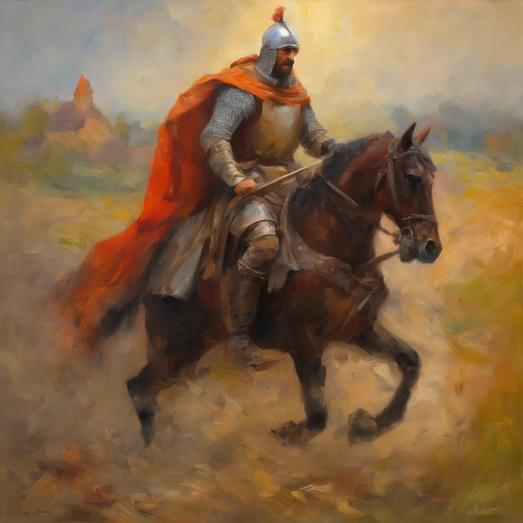 Painting of a man in armor riding a horse in a field - SeaArt AI