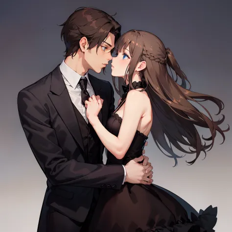 A  girl, grey-blue eyes,Brown hair,Gothic dress, guy,brown eye,Brown hair,Butler's clothes,holding a girl in his arms,A kiss on the cheek