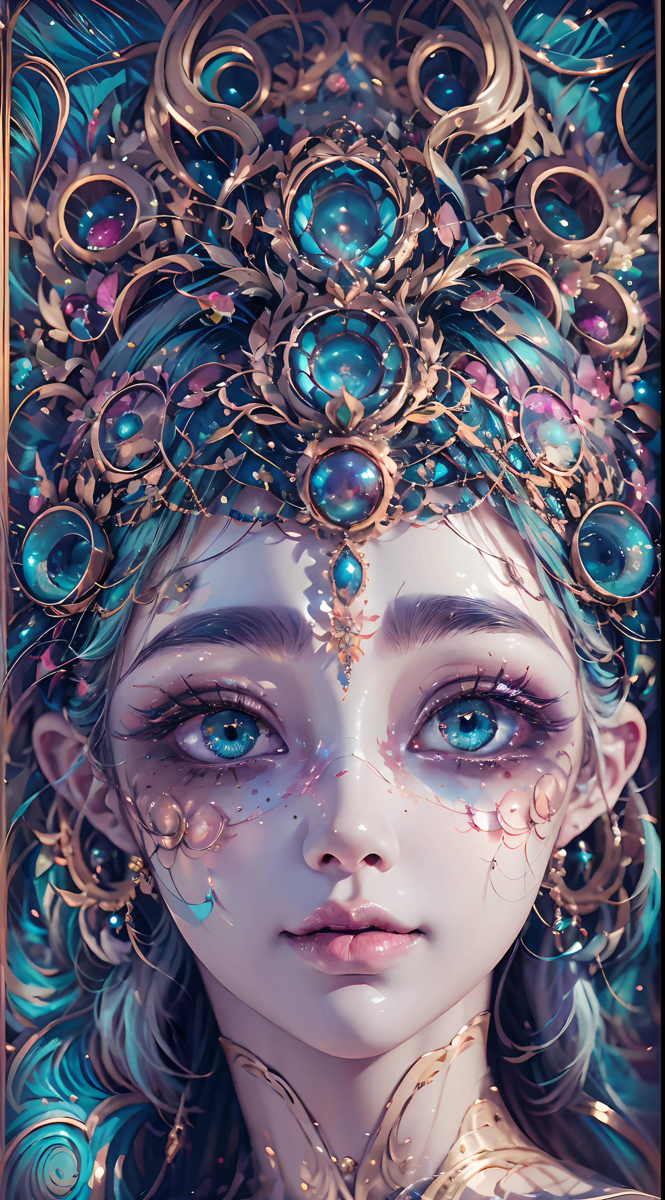 （melhor qualidade，ultra-detalhado，A melhor ilustração，Melhor sombra，obra-prima，Uma alta resolução，arte profissional，arte famosa），Estilo de imagem azul celeste，olhos detalhados，lindos olhos，decote em close，ciência，esclera colorida，Olhos de robô，marcas faciais，Tatuado com，（fractalizado，Olhos fractais），olhos grandes，Os olhos arregalados，（Foco ocular），foco superficial，olhos cósmicos，Olhos espaciais，Close-up da escultura de metal de uma mulher com uma lua no cabelo，deusas。detalhes extremamente altos，3 d deusass portrait，Extremely detailed footage of the deusass，a stunning portrait of a deusass，Full body close-up portrait of the deusass，hecate deusass，portrait of a norse moon deusass，deusass of space and time，PureErosFace_V1，Versão Urzang-6500-V1.1，