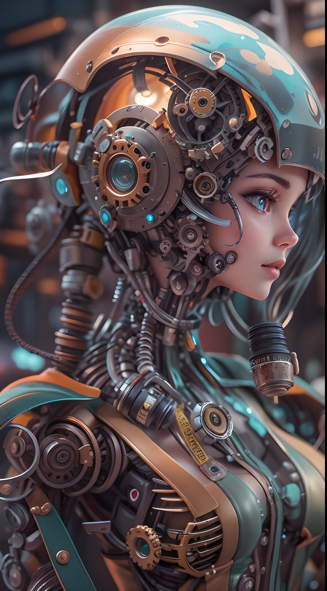 A close up of a woman wearing a helmet with a machine on it - SeaArt AI