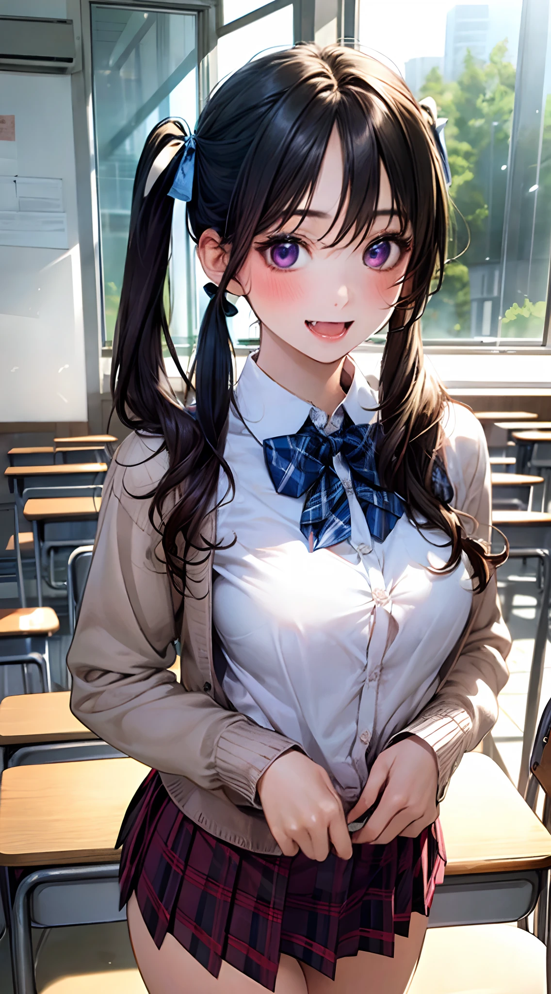 (masterpiece:1.2, top-quality), (realistic, photorealistic:1.4), beautiful illustration, 
looking at viewer, cowboy shot, front view:0.8, 
1 girl, japanese, high school girl, (long hair:1.7), blond hair, (twintail:1.7), bangs, hair between eye, purple eyes, skin fang, large breasts:0.8, 
beautiful hair, beautiful face, beautiful detailed eyes, beautiful clavicle, beautiful body, beautiful chest, beautiful thigh, beautiful legs, beautiful fingers, 
(beautiful scenery), dawn, classroom, desks, chairs, curtains, 
((collared shirt, white shirt, , cardigan, red plaid pleated skirt, blue plaid bow tie, blue plaid hair ribbon)), white panties, brown cardigan, 
standing, walking, 
smile, open mouth, put finger to lips,