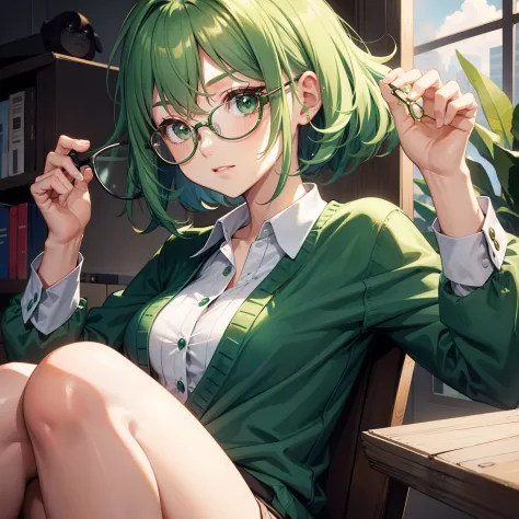 a girl, cute, green hair, nerd, wear round glasses