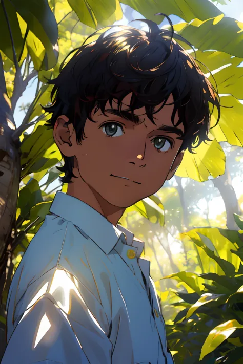 Um menino na floresta com a luz do sol em seu rosto