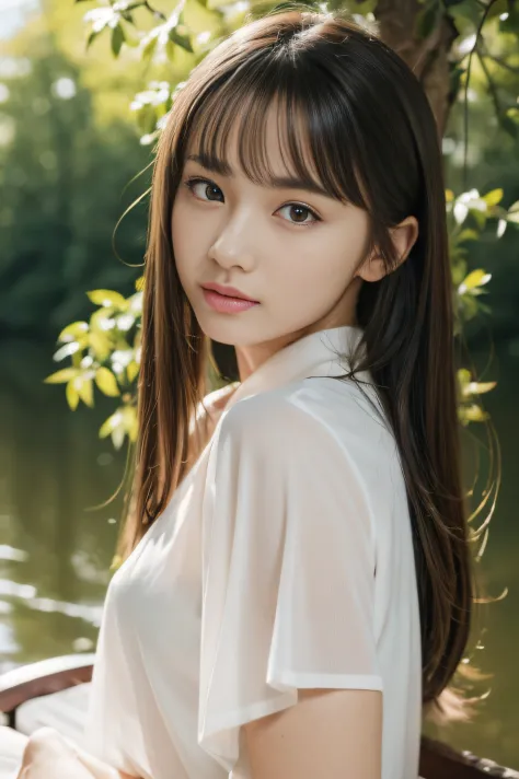 (((​masterpiece))), top-quality, Extremely detailed, Detailed background, 
bird's eye view, 18mm wide lens, long shot, A bench by a quiet lake in the forest, sitting, Very beautiful girl, japanese, 12 yo,  Detailed face, bangs, (Full body:1.3), (random hai...