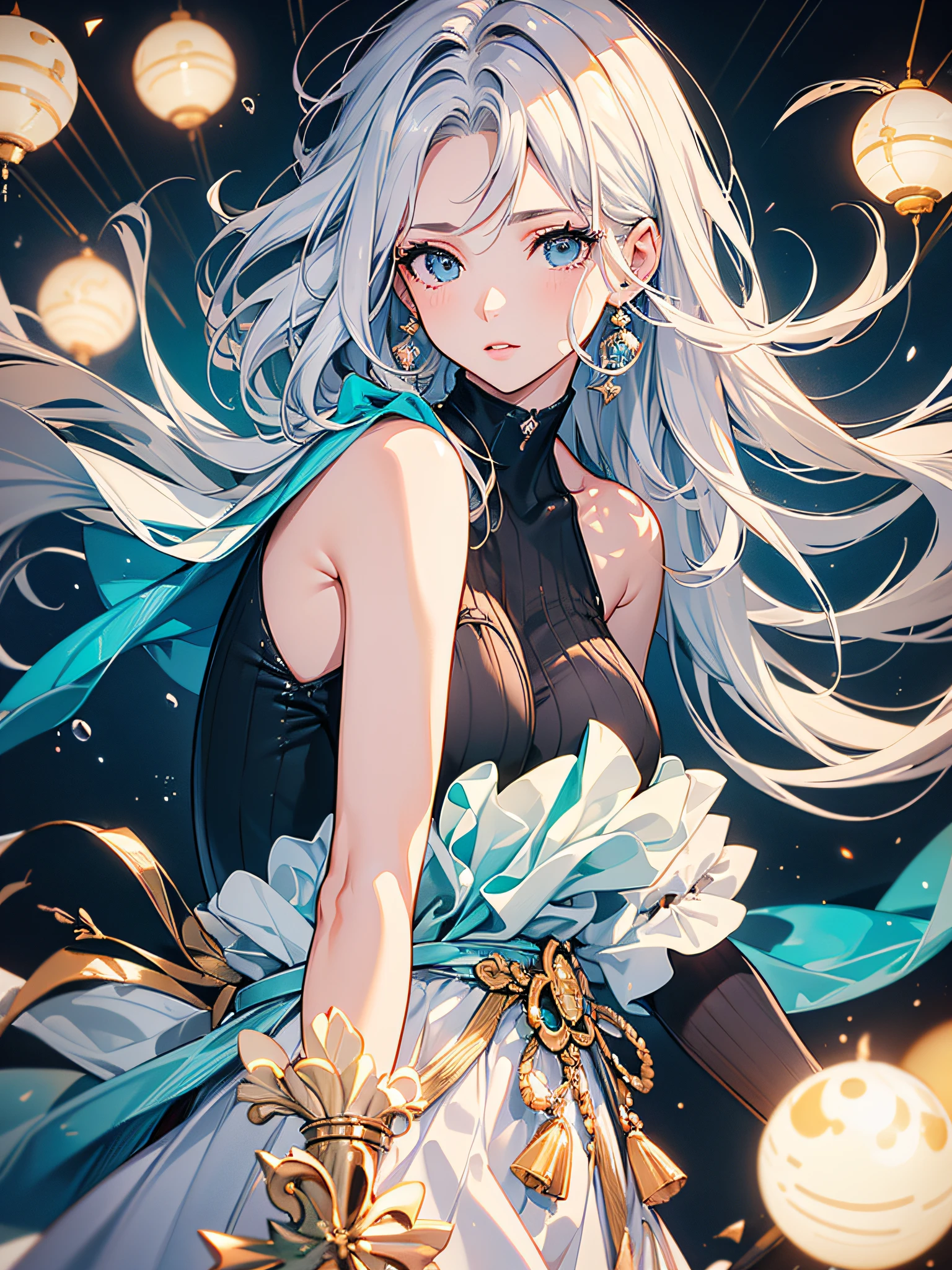 Anime girl with long white hair and blue eyes in a black dress - SeaArt AI