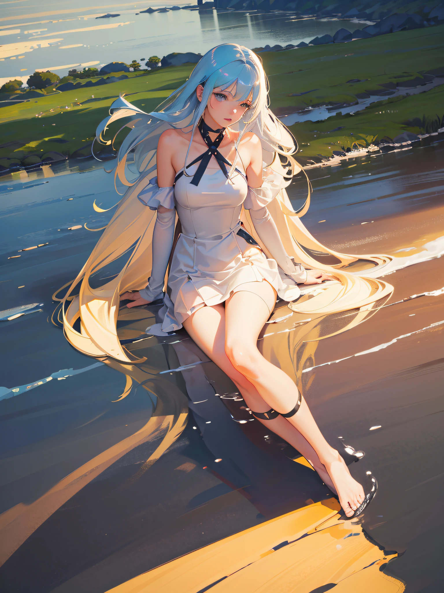 Anime girl sitting on the beach with long white hair - SeaArt AI