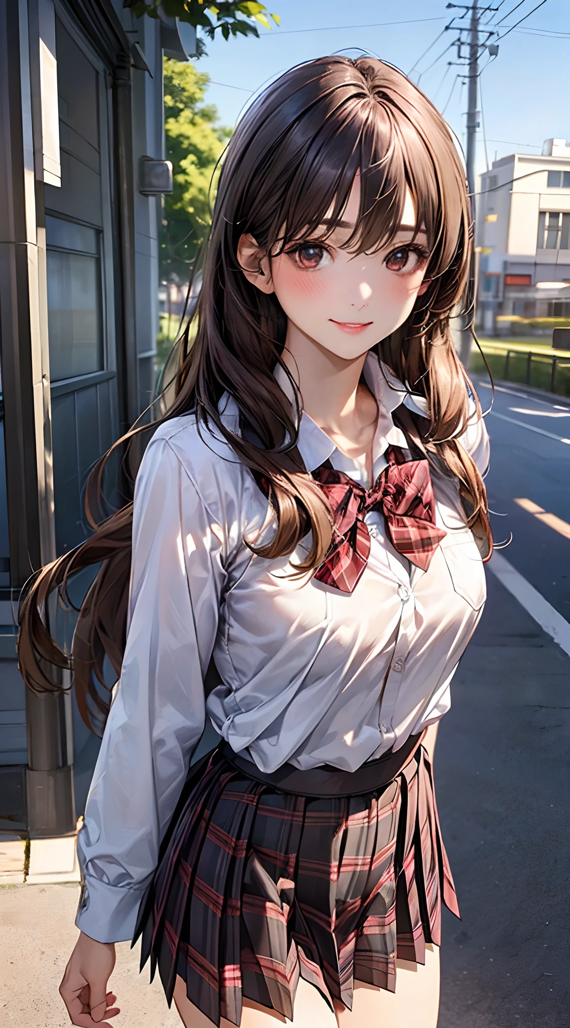 (masterpiece:1.2, top-quality), (realistic, photorealistic:1.4), beautiful illustration, 
looking at viewer, cowboy shot, front view:0.8, 
1 girl, japanese, high school girl, (long hair:1.5), blown hair, bangs, hair between eye, brown eyes, large breasts:0.8, 
beautiful hair, beautiful face, beautiful detailed eyes, beautiful clavicle, beautiful body, beautiful chest, beautiful thigh, beautiful legs, beautiful fingers, 
(beautiful scenery), , school,
((collared shirt, white shirt, , navy long sleeves jacket, light brown plaid pleated skirt, red plaid bow tie)), white panties, 

standing, walking, 
smile, ,