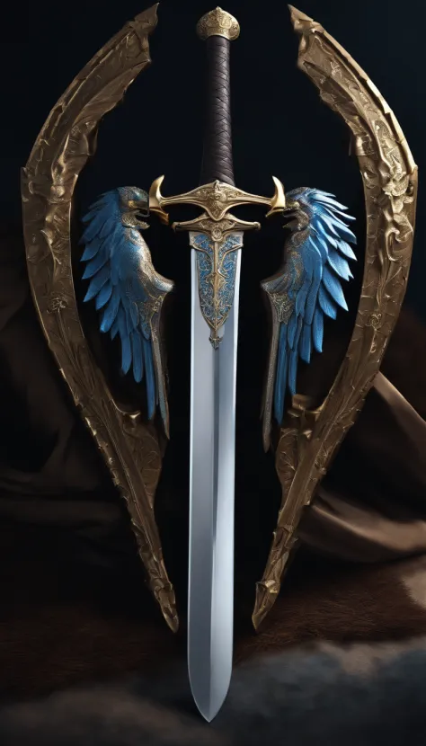 (Outstanding、Professional、Surreal)、Detailed sword, Metallic texture, Lying on the ground, The sword glows blue, there is a shield behind the sword, an eagle and a lion are engraved on the shield, the sword is long,