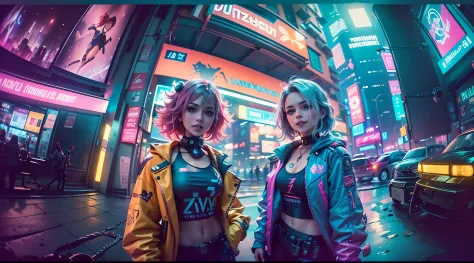 (2 cyberpunk girls wearing colorful Harajuku style pop outfit)), ((((fisheye lens)))), cowboy shot, wind, messy hair, ((cyberpun...