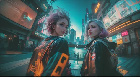 (2 cyberpunk girls wearing colorful Harajuku style pop outfit)), ((((fisheye lens)))), cowboy shot, wind, messy hair, ((cyberpun...