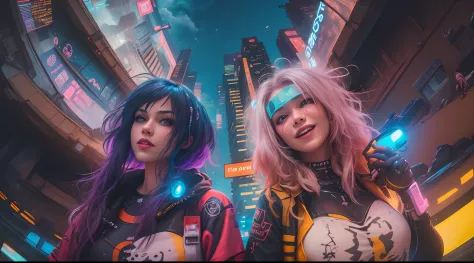 (2 cyberpunk girls wearing colorful Harajuku style pop outfit)), ((((fisheye lens)))), cowboy shot, wind, messy hair, ((cyberpun...