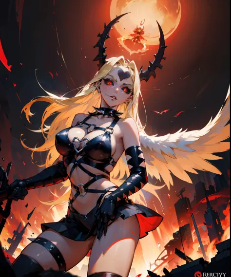 Ultra-detailed Angel wicky stands atop a pile of burning ruins,  diabolical and insidious presence radiating from her dark crown and black and red evil queen dress;   demon wings on her back and demon horn ; invincible aura ; destruction with a single gest...