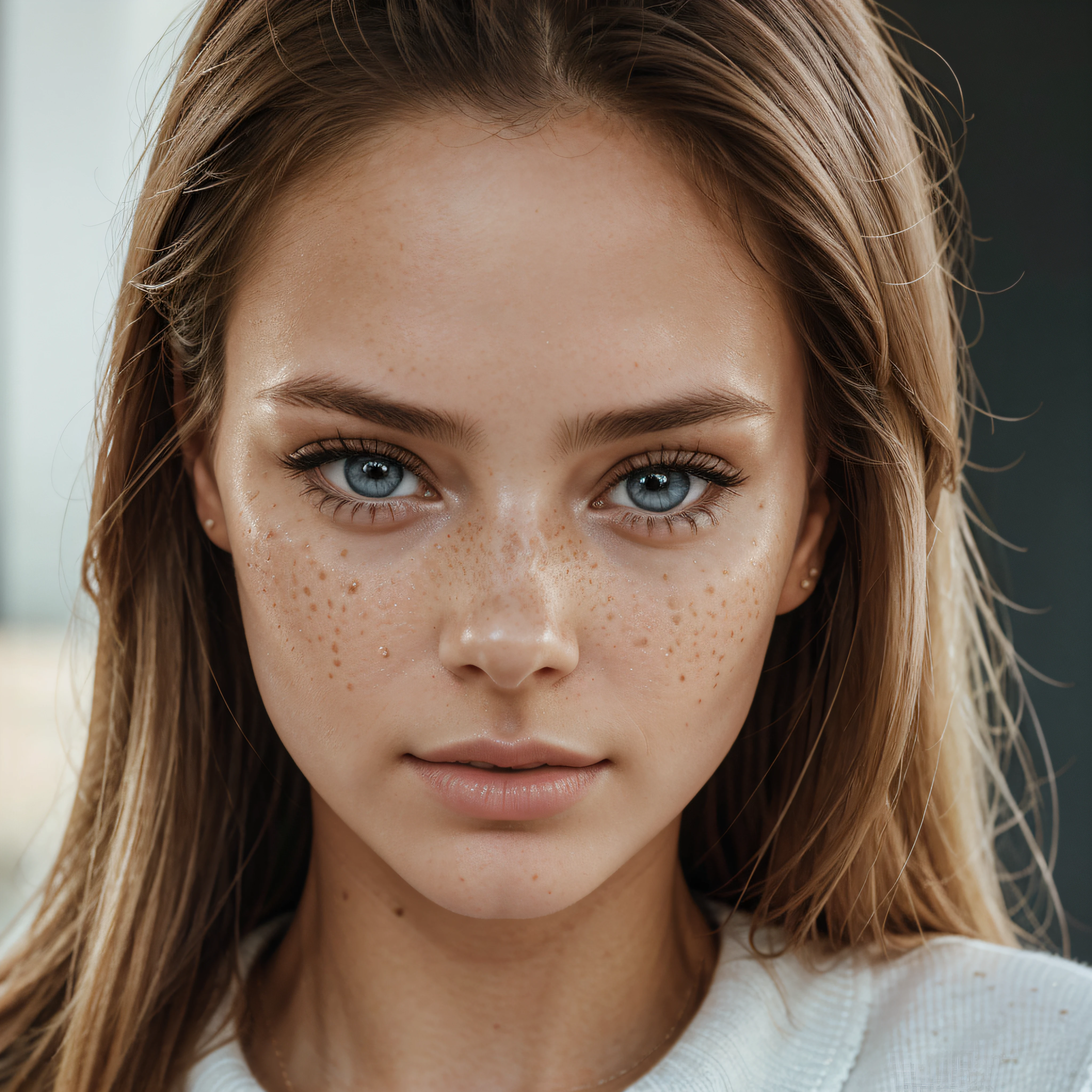 ultra face close up, face up,1Girl 18 years old, nur, Lange Haare, Blick auf den Betrachter, blonde hair, BLONDE, Blond girl, blaue Augen, Schmuck, Halskette, schulterfrei, pullover, lips, realistisch, Nase, Flirten mit der Kamera, close up shot, realism, detailed eyes, skin imperfection, small forhead, fine small freckles, natural, without reflection and shadow on the face, without glare, ultra high face texture, colours, realism, 8K, natural, big lips, full lips, hyper detailed photo, photorealistic, PHOTO, RAW, modeling, girl model, epic advertisment, cinematic shot, cinematic, pretty face, hot, sexy, NO WRINKLES,