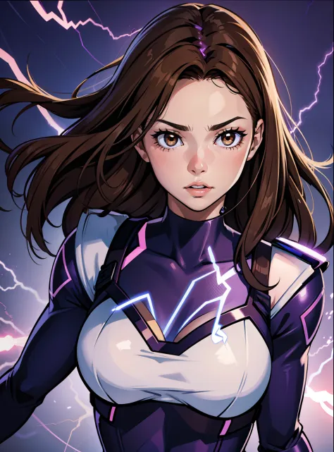 a 19 year old girl with light brown hair and brown eyes and purple electricity powers detailed 8k